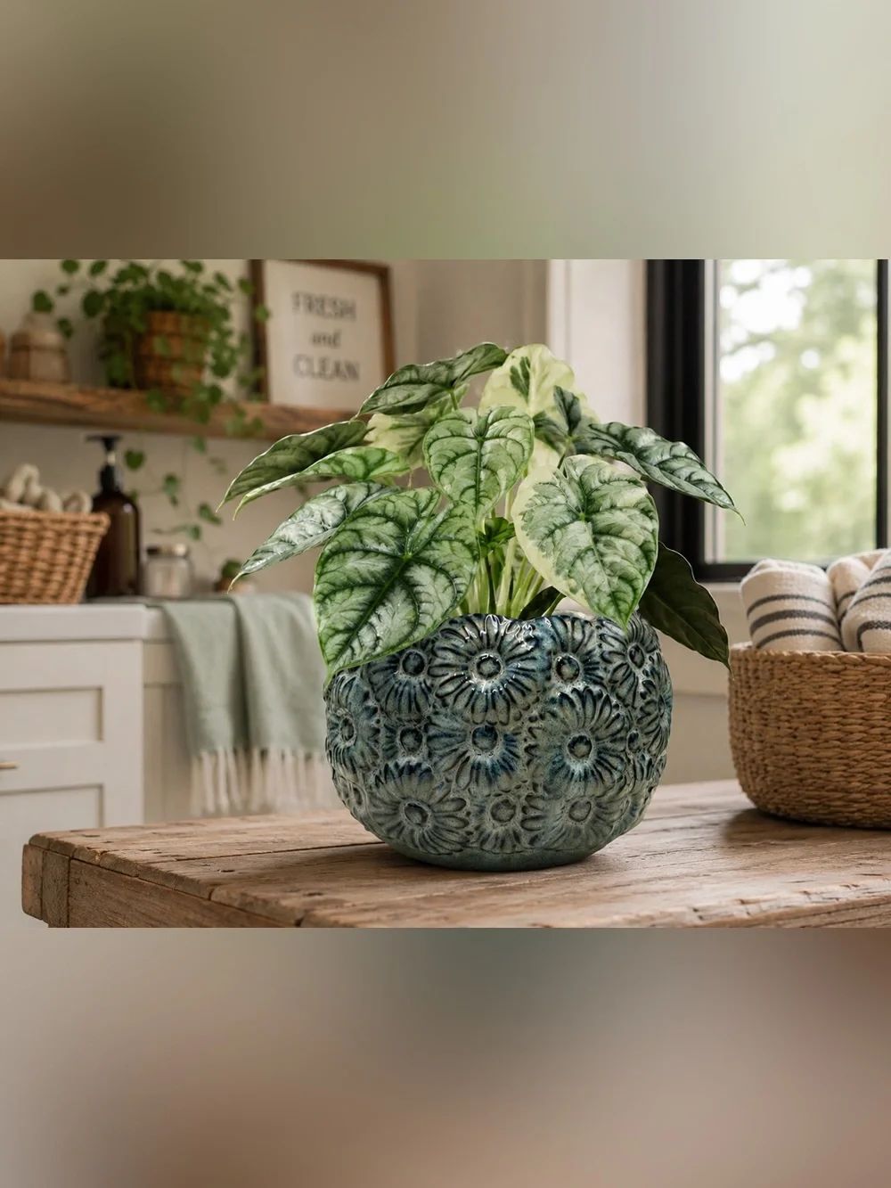 Large Ceramic Flower Planter with Drainage, Textured Daisy Pot for Indoor Plants